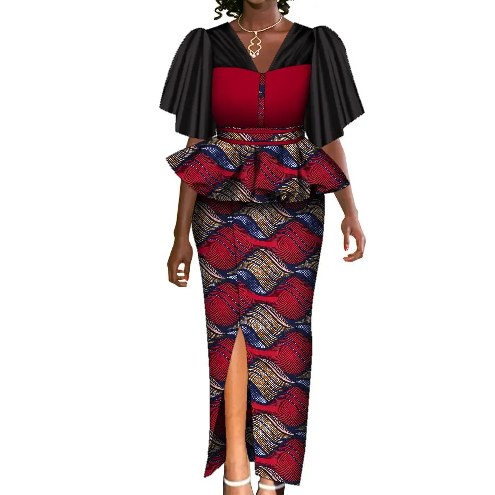 Africa Style Two Piece Skirt Set Dashiki Elegant Clothing Ruffles  Top and Skirt Women Sets for Lady WY10309