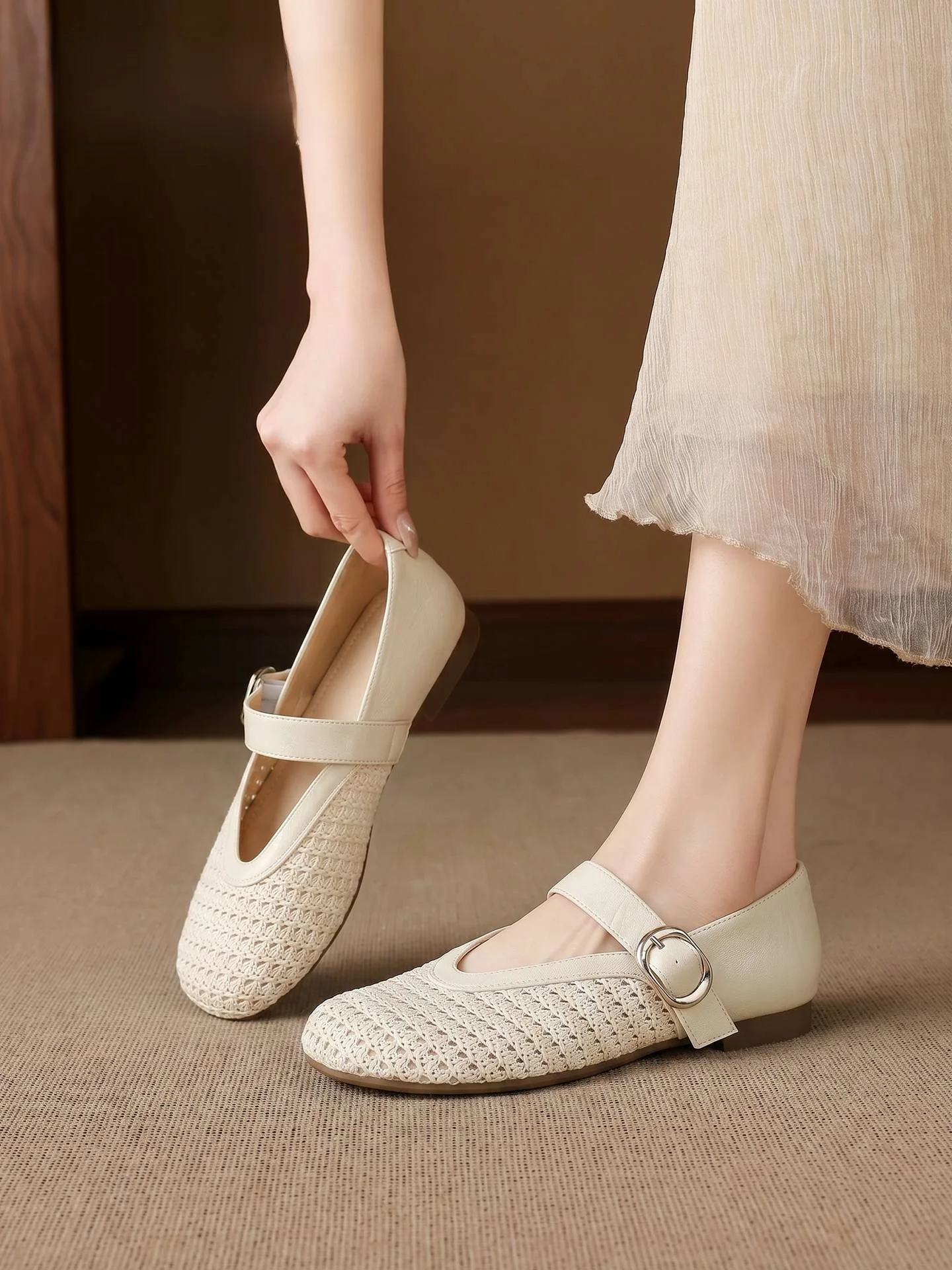 Agsdon Flat Ballet Mary Janes Women's Shoes Comfortable Summer Sandals Breathable Slip-On round Toe PVC Outsole Fashionable