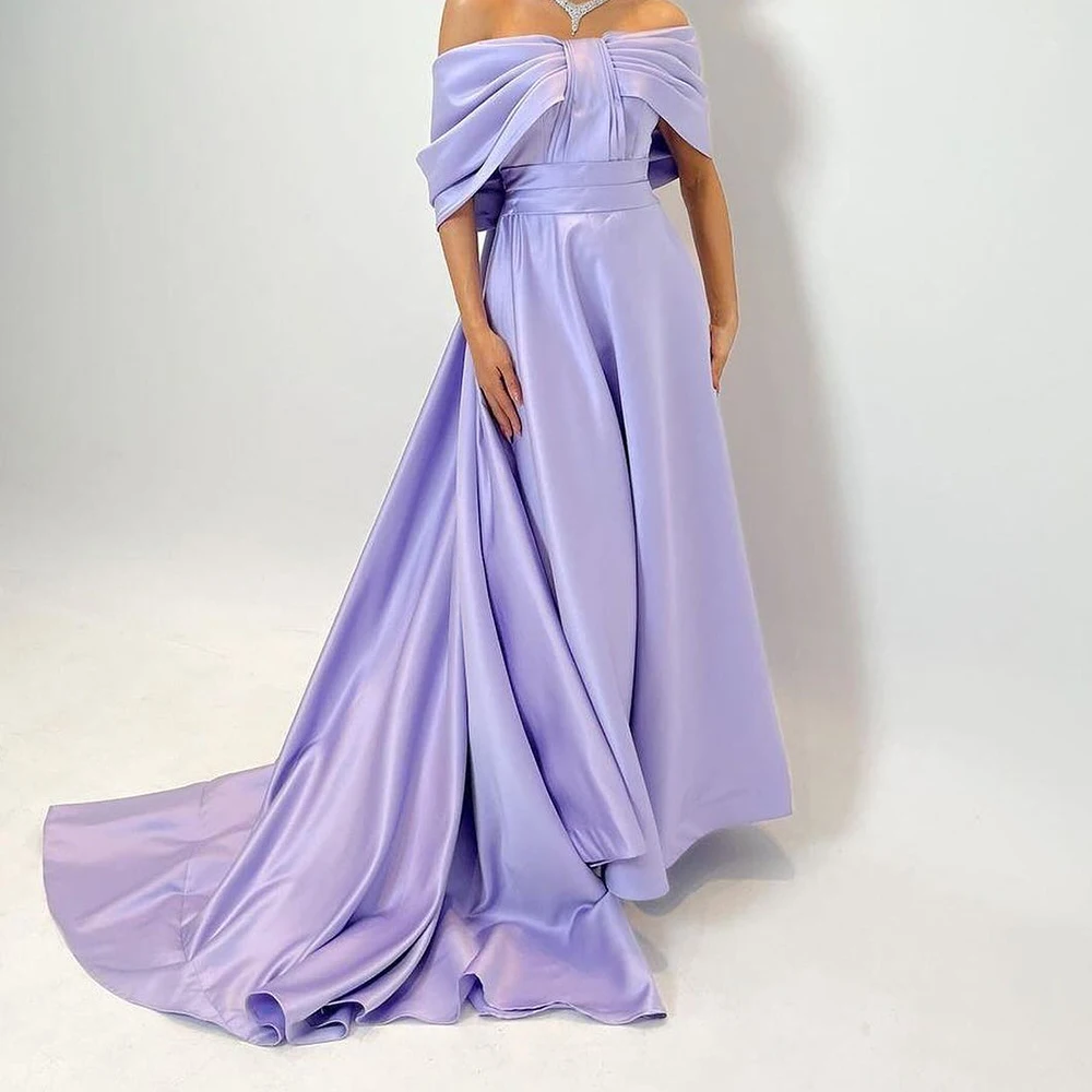 

Customized Fashion Satin A-Line Off the Shoulder Evening Dress Temperament Floor Length Boat Neck платье вечернее Custom Size