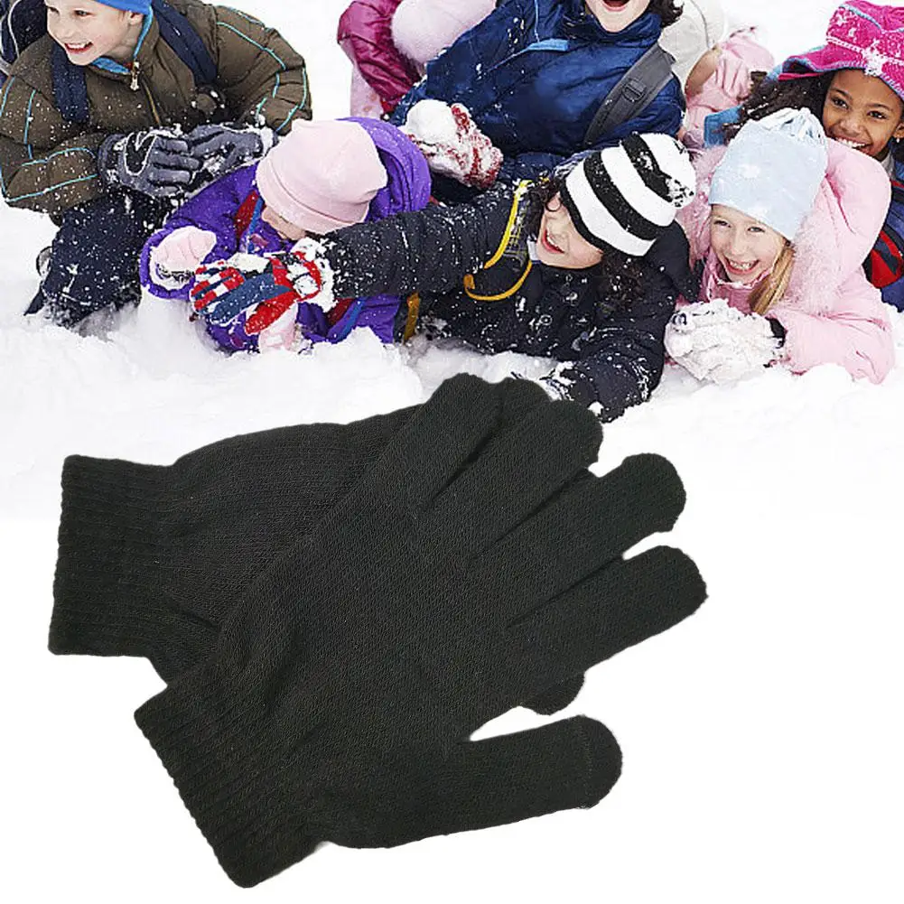 Pure Black Men And Women's Cold And Warm Knitted Five Finger Plain Full Finger Gloves  Antifreeze Hands