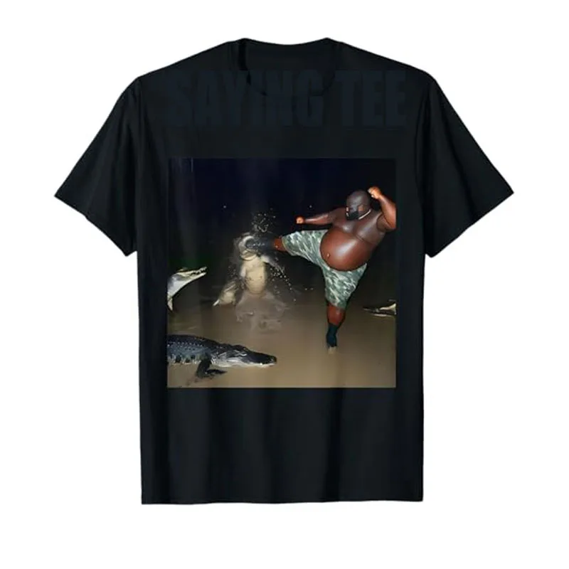 Man Kick Alligator in Swamp Funny Oddly Specific Meme T-Shirt Summer Fashion Streetwear Unisex Saying Tee Humor Graphic Y2k Top