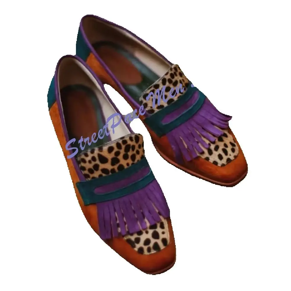 Men Color Block Tassel Loafers Square Toe Leopard Print Patchwork Slip On Casual Leather Dress Shoes Vintage Party Footwear