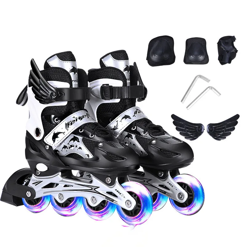 Ice Black Roller Skates Children\'s Adjustable Boys\' Retractable  Skating Shoes Set 8-12 Years Old Pulley illuminated