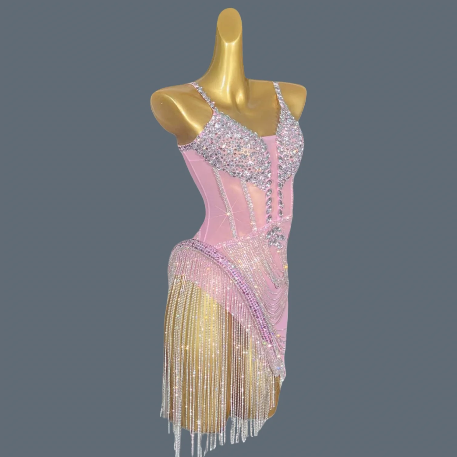 

Women Shiny Pink Crystal Chain Diamonds Dress Elastic Sexy Mini Night Club Performance Costume Birthday Party Dress Tassel Liehu