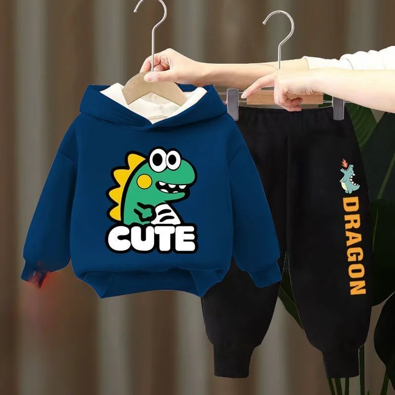 2024 Winter Kids Fleece Clothing Set Boys Hoodie Set Velvet Dinosaur Sports Suit Sweasthirt and Pants 2Pcs Training Suit Outfit