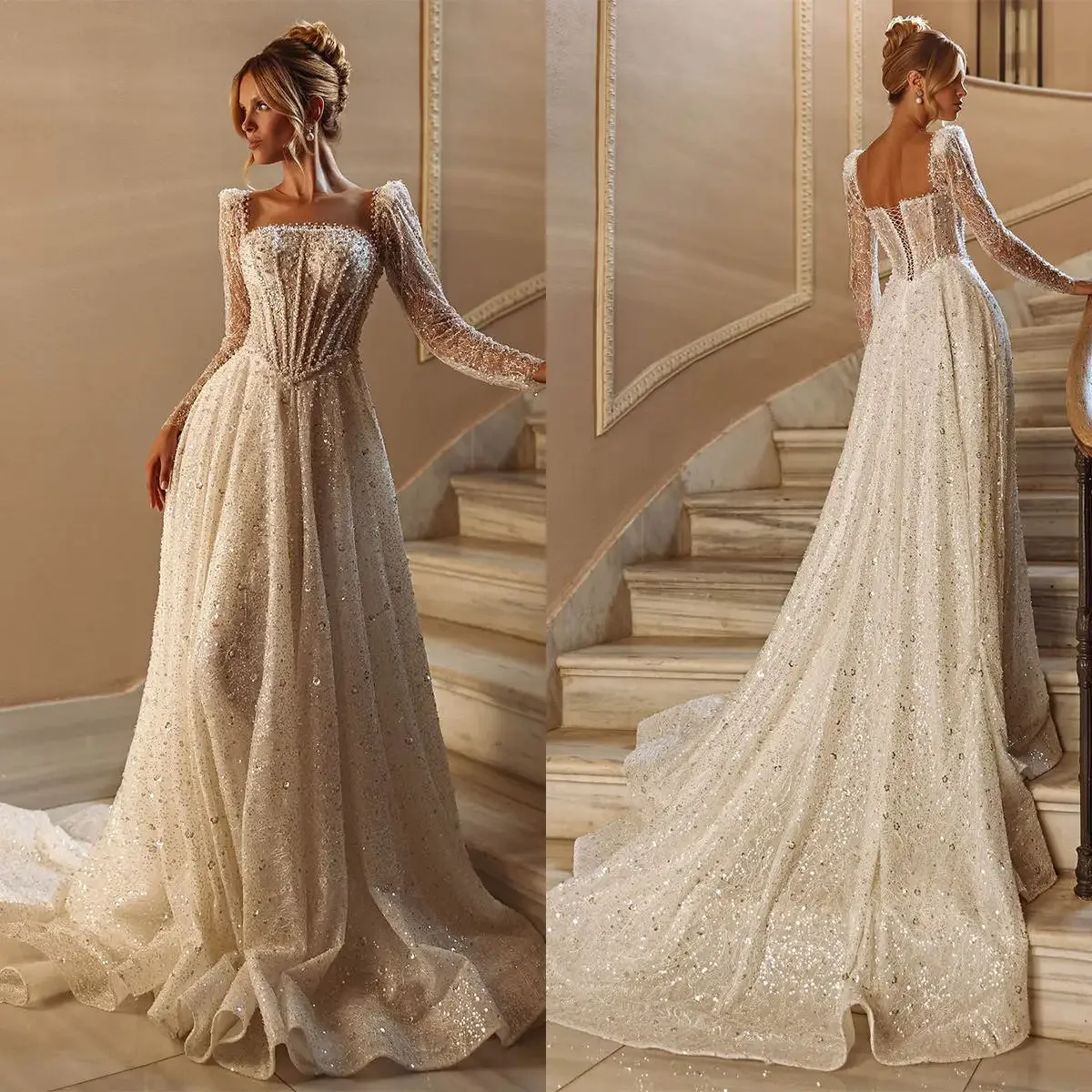 

Modern Shiny Long Sleeved Wedding Dress Pearl Lace Square A-line Bride Dress Charming Wedding Dress Customization