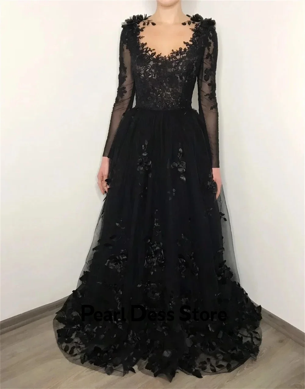 Pearl Gala Dresses Woman 2024 for Party Dress Lace Embroidered Long Sleeve A Line Sexy Black 3D Flowers Women Evening Dress Gown