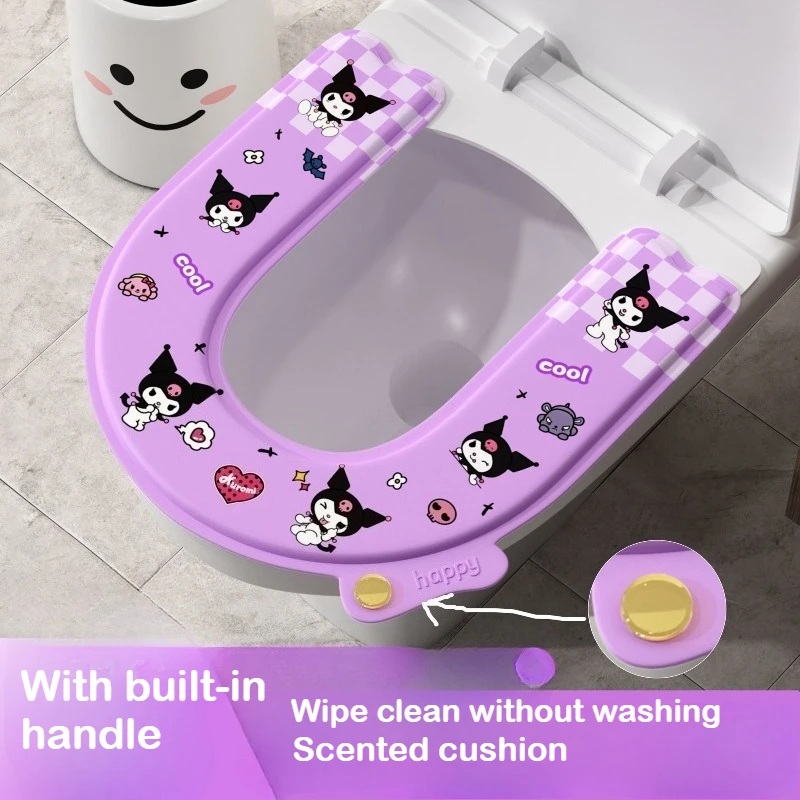 Kuromi очень толстый моющийся чехол на сиденье для унитаза из ЭВА Kawaii Sanrio с мультяшным эффектом аромата, самоклеящийся чехол на сиденье для унитаза, всесезонный Kuromi очень толстый моющийся чехол на сиденье для унитаза из ЭВА Kawaii Sanrio с мультяшным эффектом аромата, самоклеящийся чехол на сиденье для унитаза, всесезонный