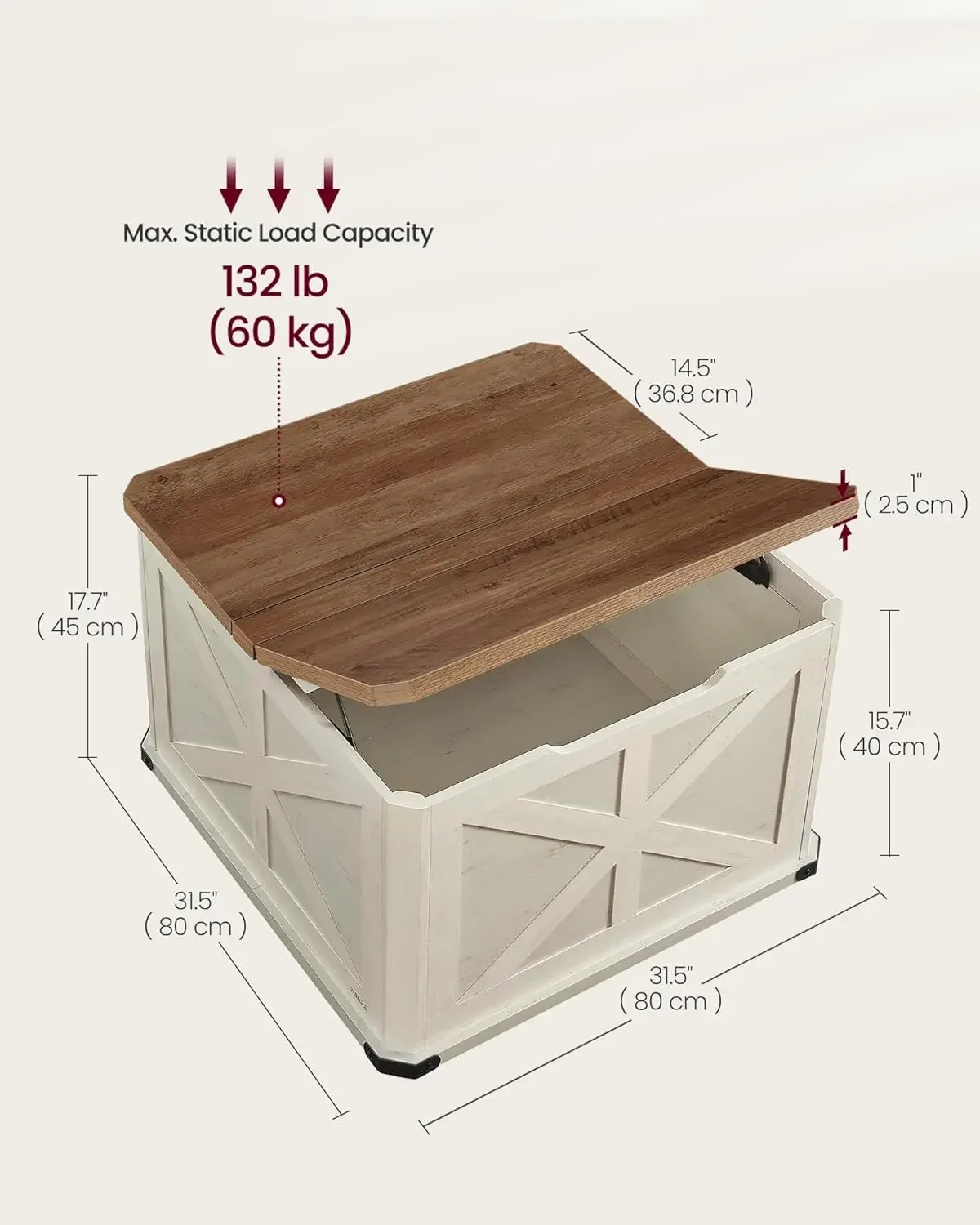 수납 공간이 있는 농가형 커피 테이블, 정사각형 센터 테이블, 플립탑 뚜껑, 허니 브라운 & 러스틱 화이트