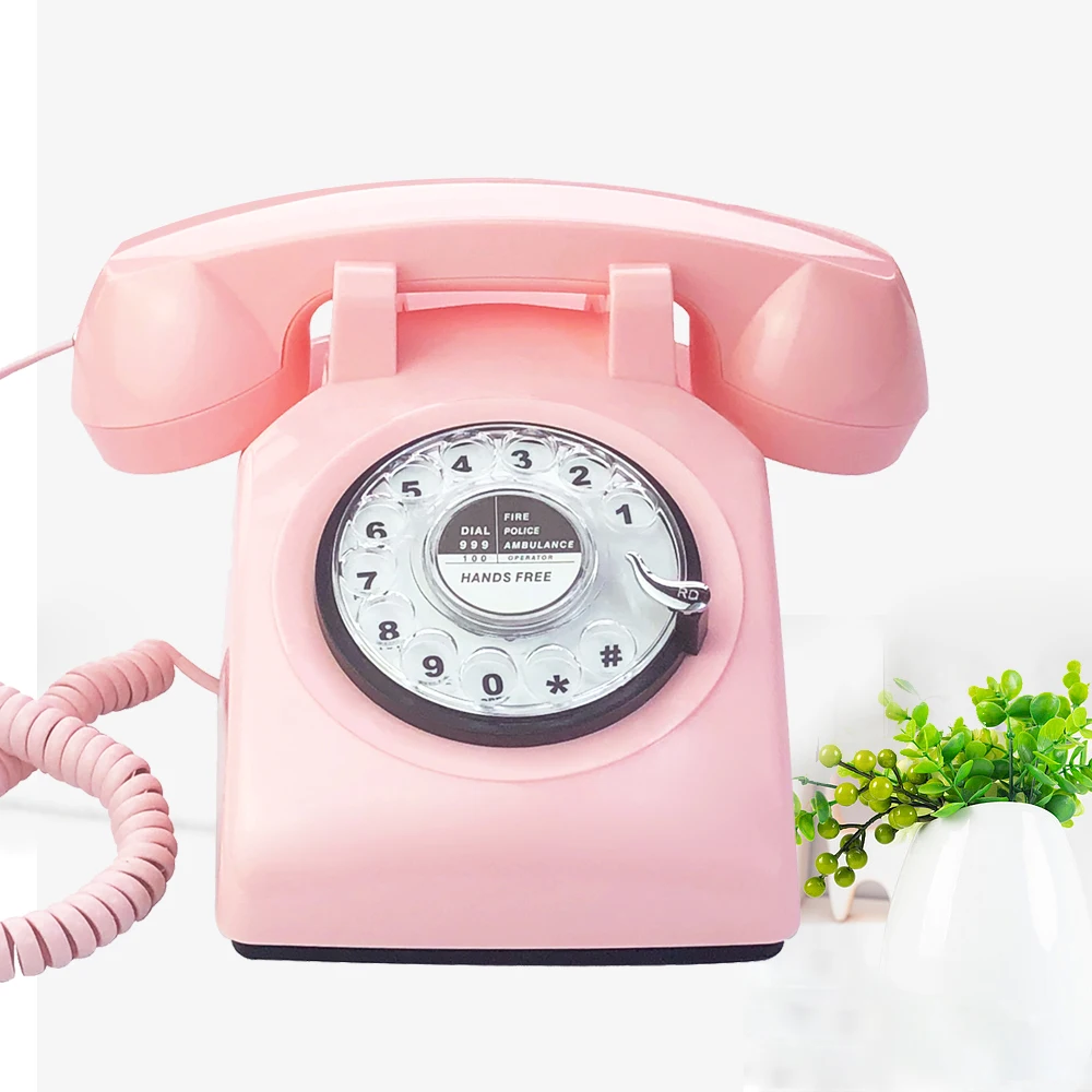 Corded Telephones,Pink Retro Landline Phones for Home, Antique 1930s Old Fashion Telephone Rotary Dial Desktop Hisotry Telephone