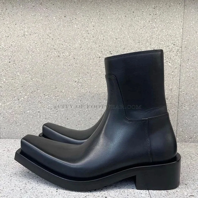 Men and Women Square Toe Low Heel Ankle Boots Black Leather Slip on Chelsea Boot Big Size 2023 Winter New Luxury Designer Shoes