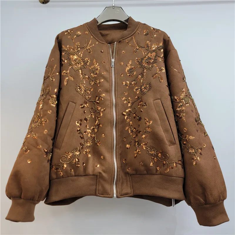 Women Heavy Sequin Embroidered Faux Suede Jacket 2026 Autumn Winter New Arrival Loose Casual Designer Stand Collar Baseball Coat