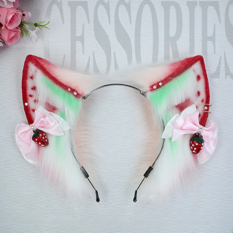 All-match Simulation Animal Strawberry Cat Ears Plush Headdress Cosplay Props Headband with Bowknot for Themed Party