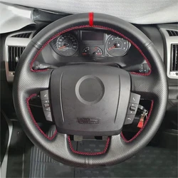 Car Steering Wheel Cover For Fiat Ducato Peugeot Boxer Citroen Jumper 2006 2017 2018 2019 Perforated Leather Trim w/ red strip