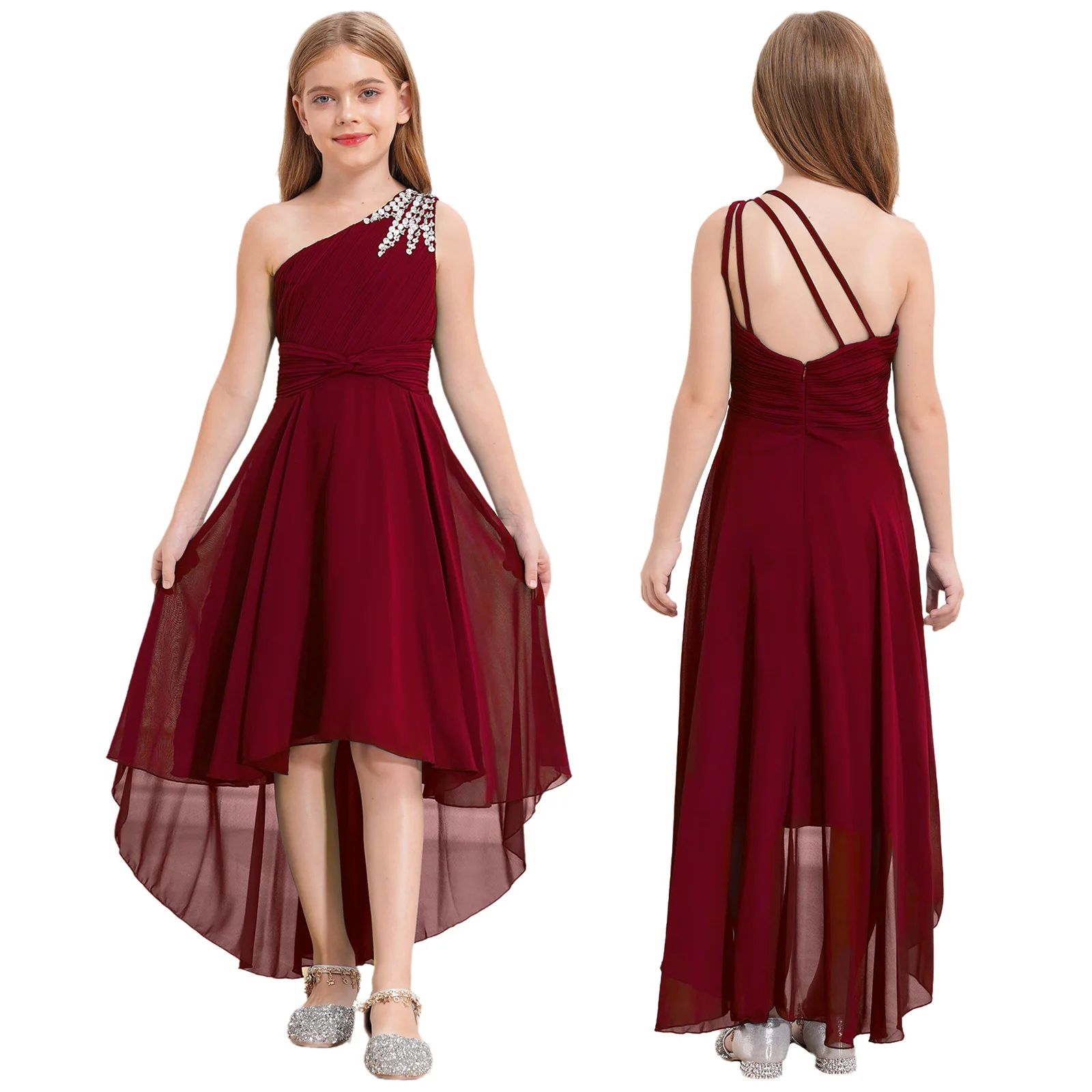 

Kids Girls One Shoulder Party Dress Children Evening Proms Wedding Performance Fashion Costume Chic Ruched Shiny Beaded Dress
