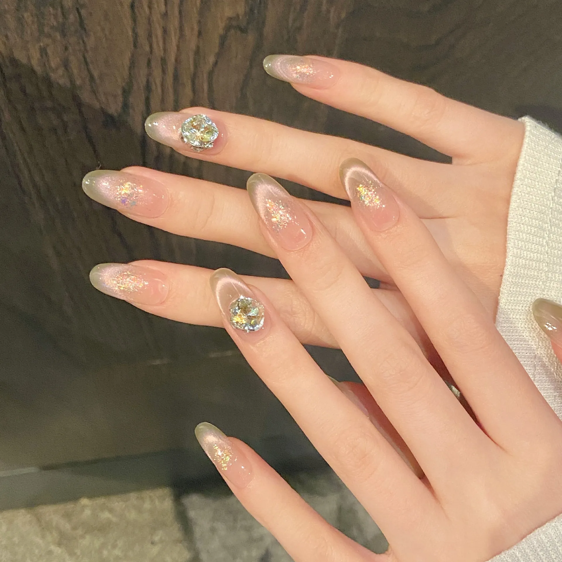 10 stuks handgemaakte nepnagels kunst kattenoog volledige dekking nageltip datachable middellange ovale druk op nagels glitter diamant valse nagel
