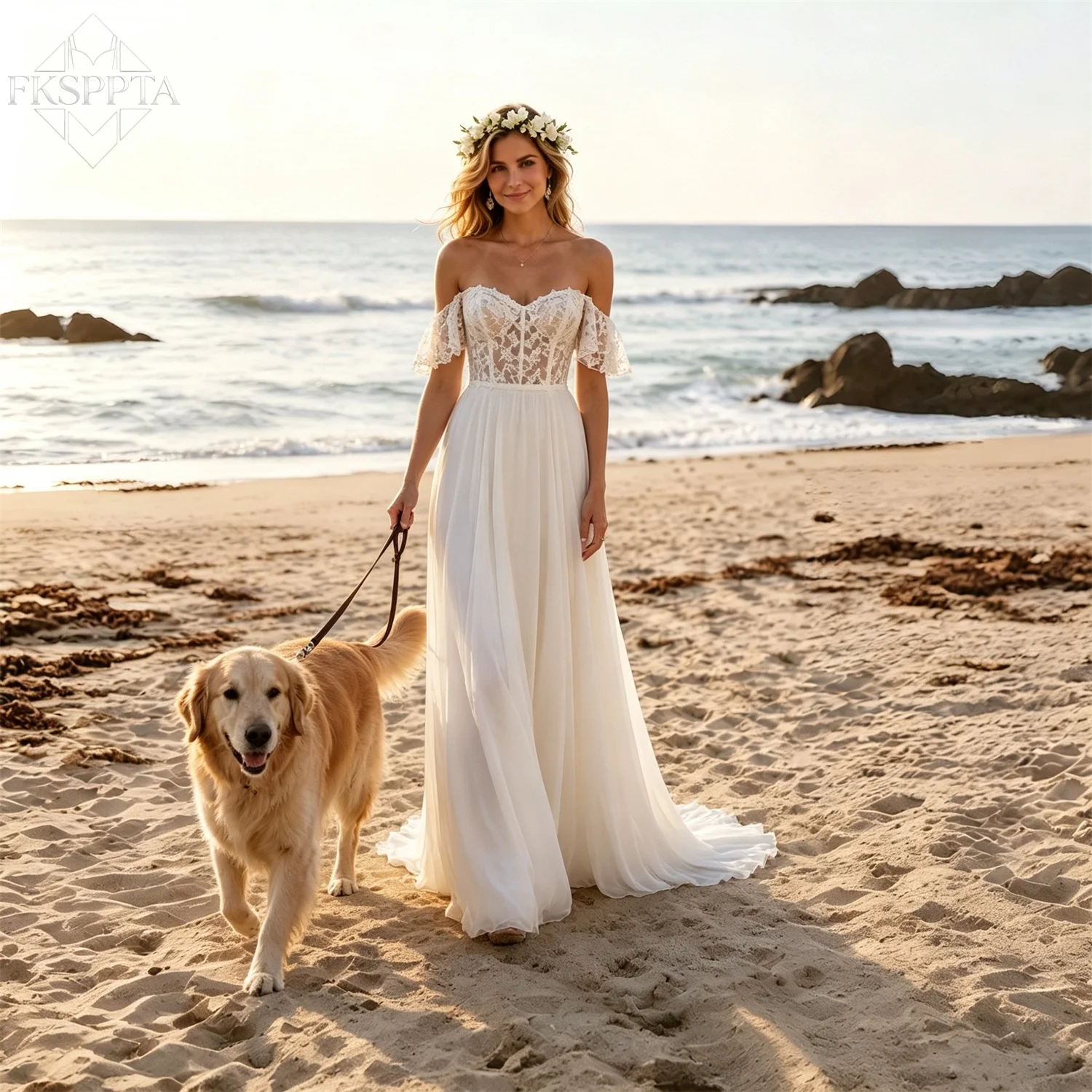 Romantic Seaside Wedding Gown Off Shoulder Lace Bodice Chiffon A-line Wedding Dress Backless Boho Bridal Dress Vestido De Novia