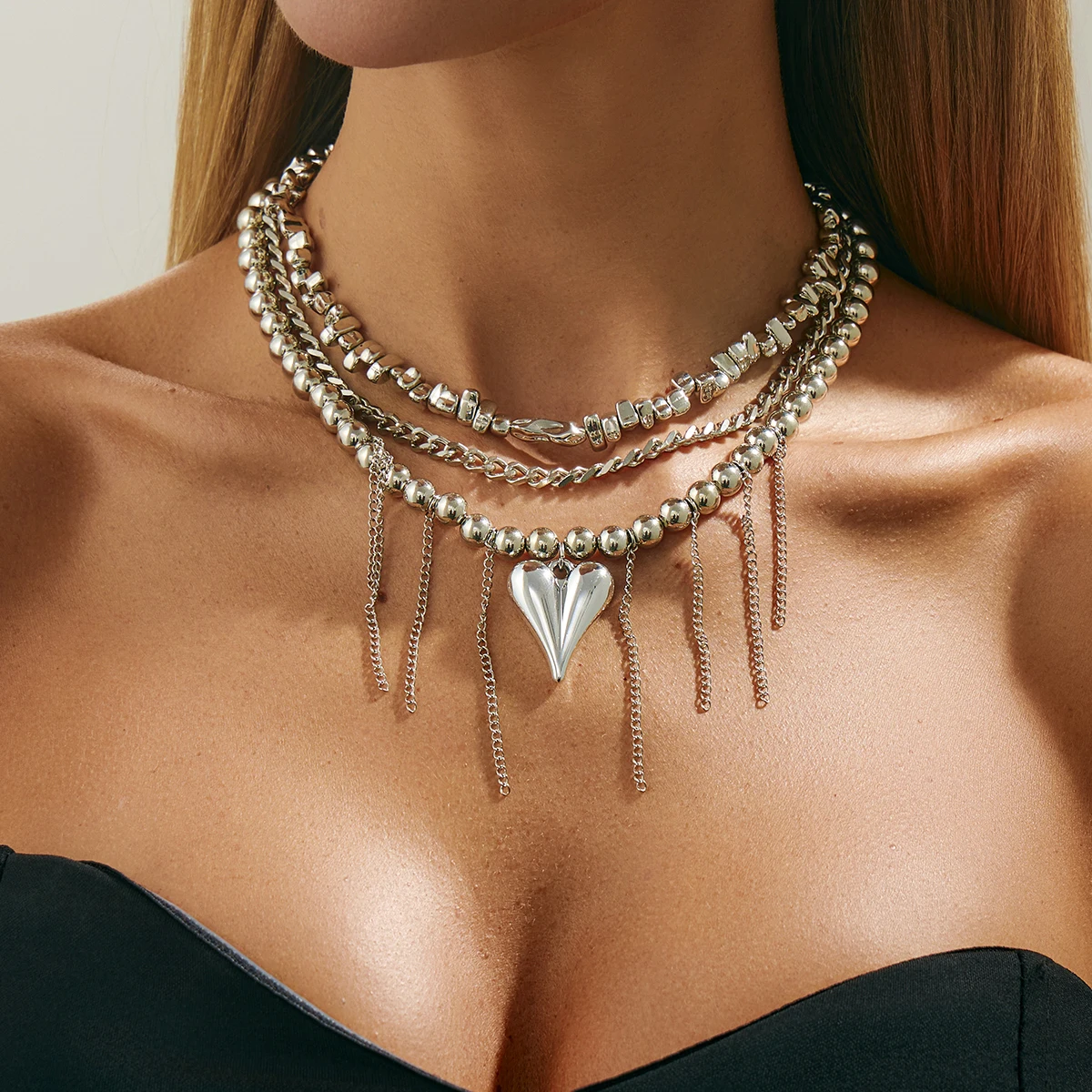 SHIXIN Fashion Multi Layer CCB Beaded Choker Necklace for Women Minimalist Heart Pendant Necklace Clavicle Chain Party Jewelry