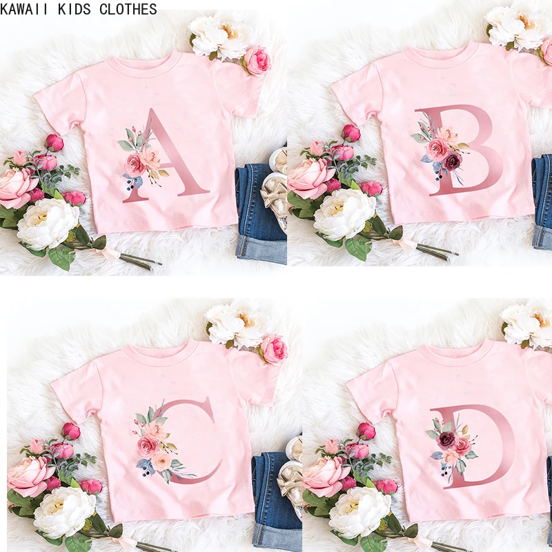 

New Funny Flowers 26 Letter A-z Children T-shirt Kawaii T Shirt Anime Cartoons Casual Clothes Kid Girl Boy Short Sleeve Top Tee