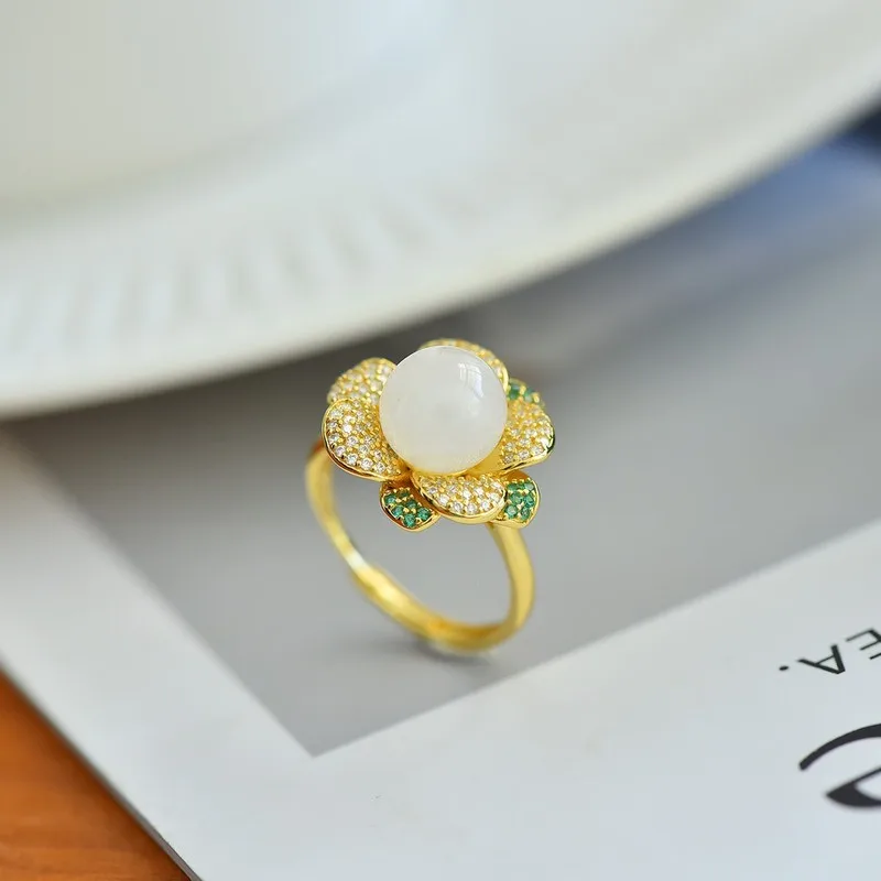 S925 Inlaid With Hetian Jade 10Mm Bead , Plain Silver , Women'S Vintage Index Finger Ring