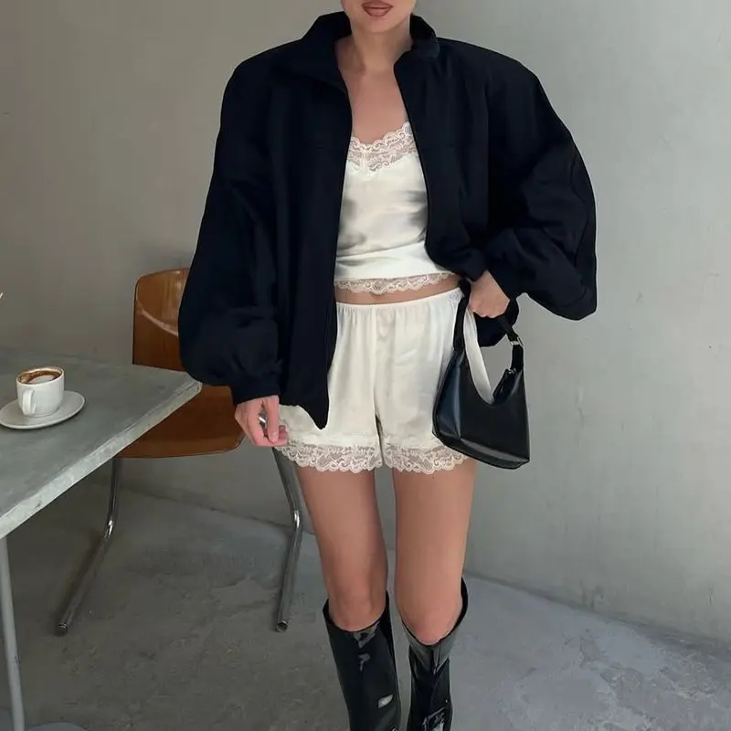 

Combhasaki Women Summer 2Piece Loungewear Outfits Set Floral Lace Trim Patchwork V-Neck Adjutable Strap Camisole Top with Shorts