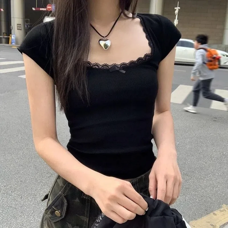 

Front Shoulder Short Sleeve Spring and Summer Design Slim and Short Black Bow Lace Lace T-shirt New Top