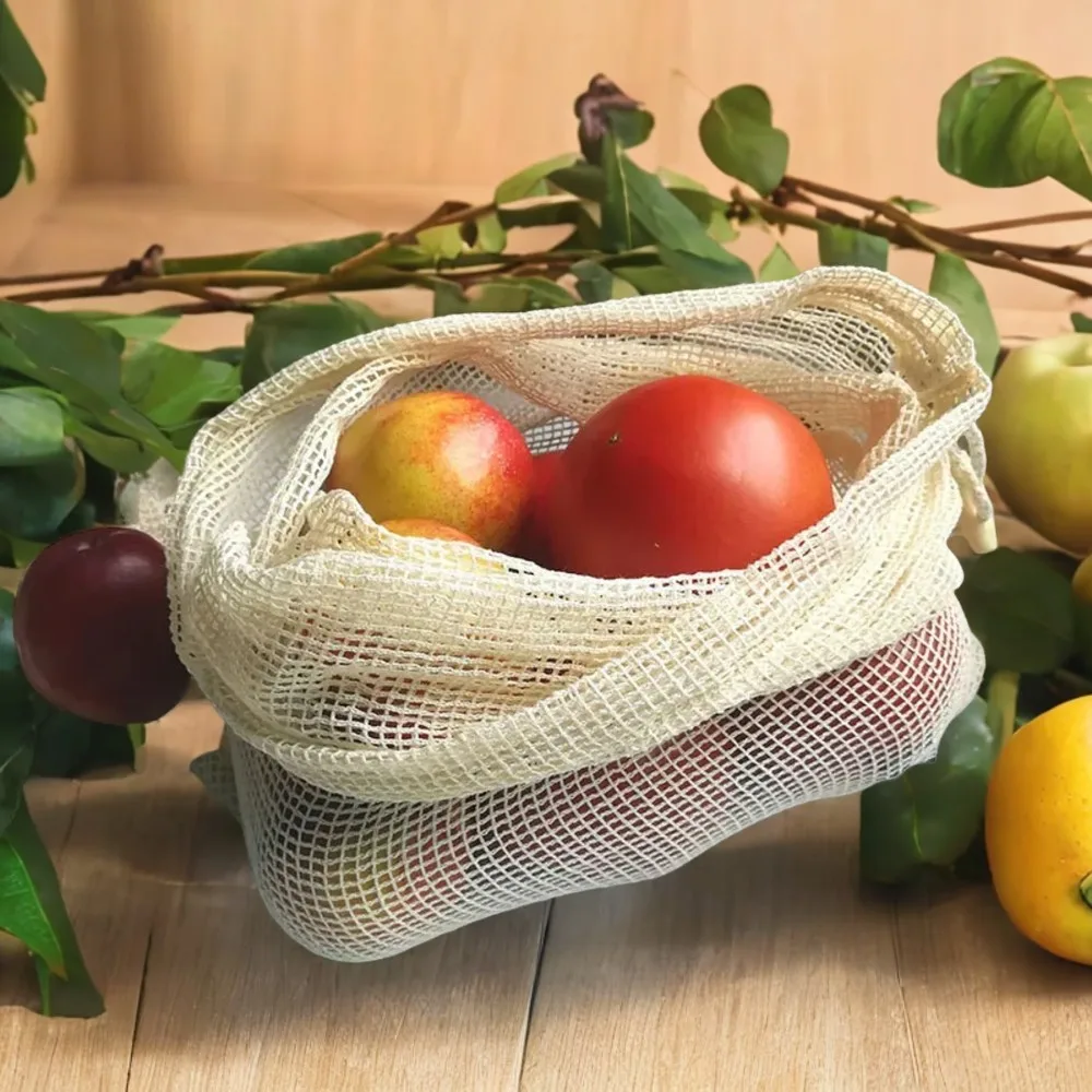 Eco-Friendly 1Pc Reusable Mesh Vegetable Bags, Drawstring Kitchen Fruit and Vegetable Bags - Machine Washable Shopping Bags