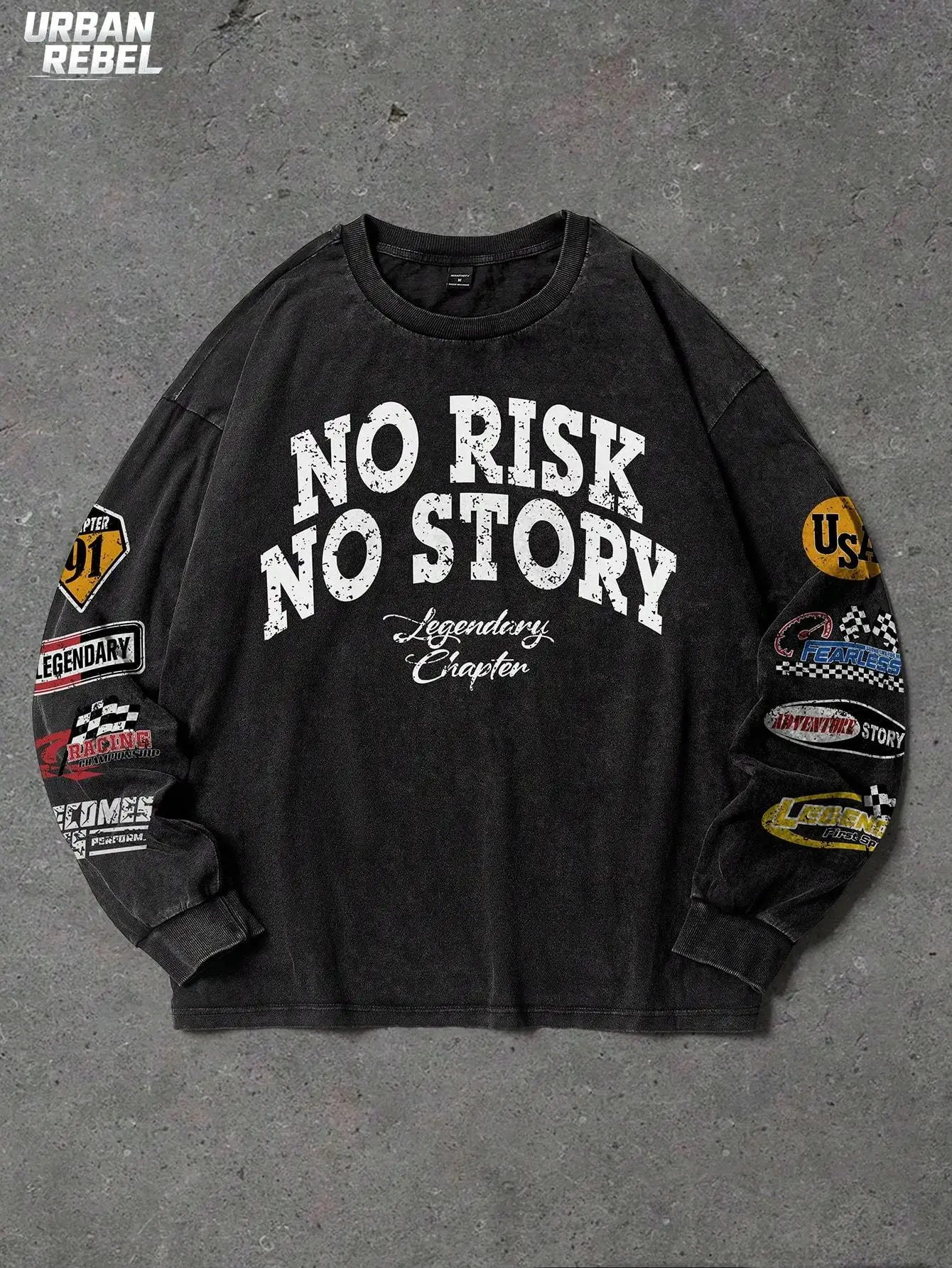 Vintage Washed Racing Slogan Graphic Print Long Sleeve T Shirt Men's Oversized Drop Shoulder Streetwear Casual Daily Wear Tee