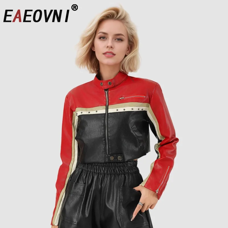 เสื้อแจ็คเก็ตมอเตอร์ไซค์หนัง PU แฟชั่น EAEOVNI สำหรับผู้หญิง คอตั้ง สีตัดกัน สไตล์สตรีทแวร์ คอลเลคชั่นใหม่ ฤดูใบไม้ผลิ 2026