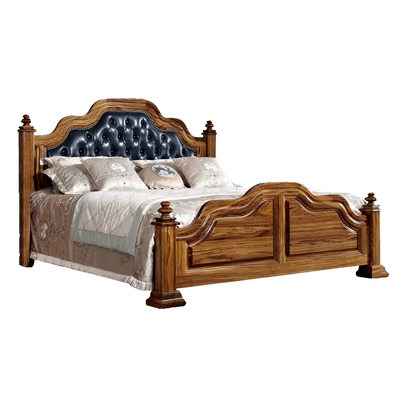 American Double Bed Luxury Wedding Bed Mansion Ebony Master Bedroom All Solid Wood Bed1.8m Chinese Leather Bed Mortise and Tenon