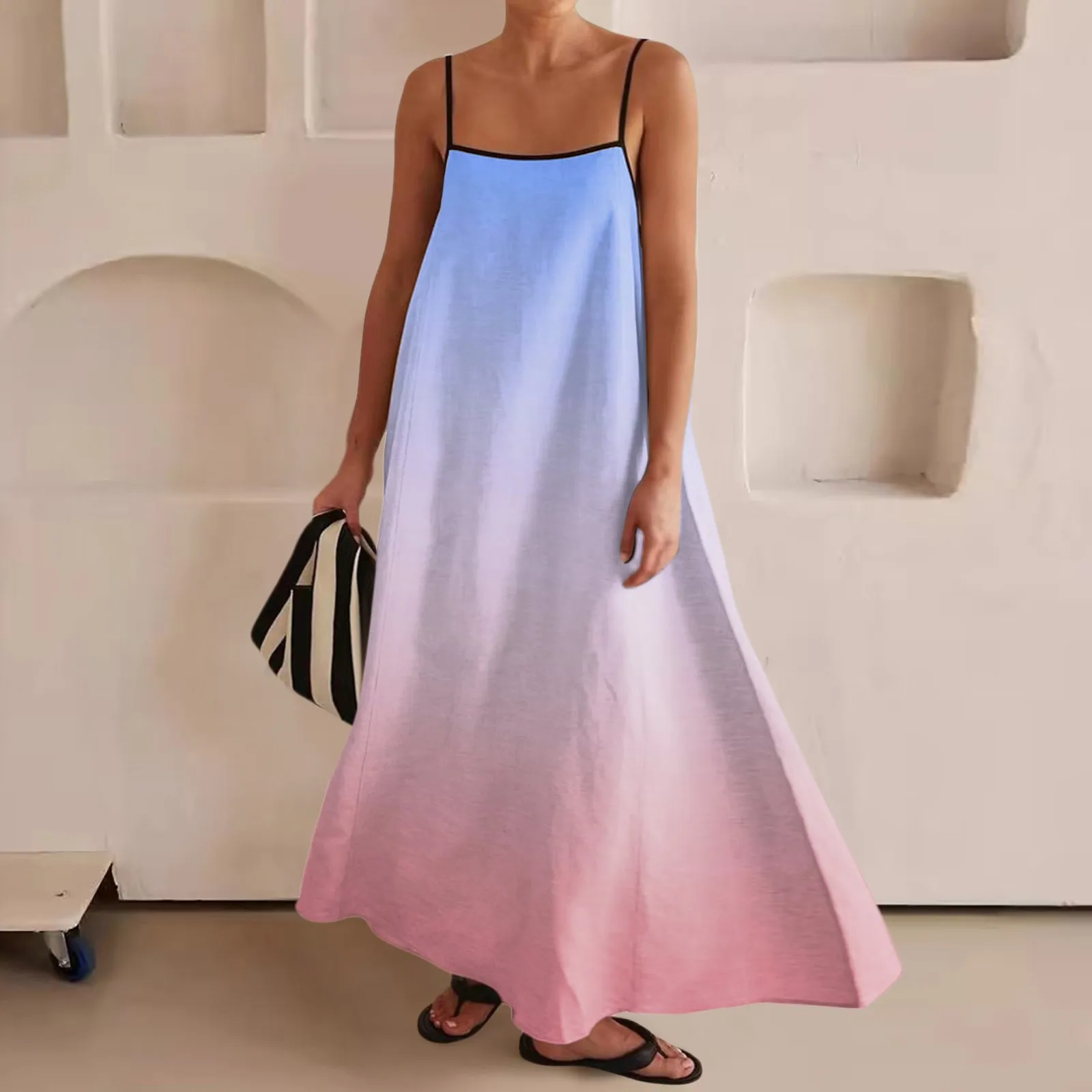 

2024 Women'S Fashion Gradient Dress Square Neck Temperament Casual Off Shoulder Maxi Skirt Sexy Curved Loose Hem Slip Long Dress