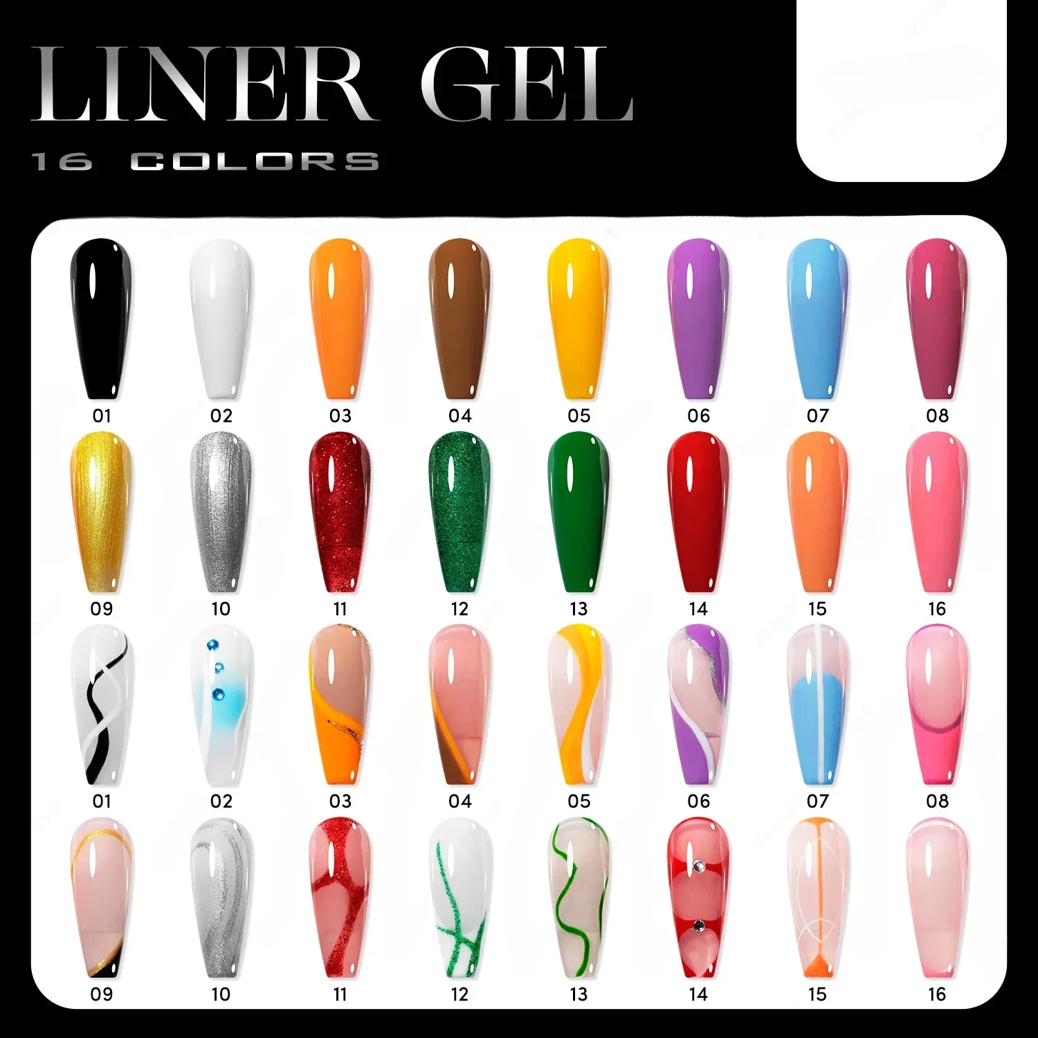 16pcs 12ml White Black Liner Gel Nail Polish Colorful French Painting Stripe Semi Permanent Drawing Nail Art UV Gel Varnish