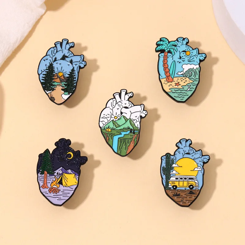 Pins Custom Camping Heart Brooches Lapel Badges Mountain Beach Camper Jewelry Gift for Kids Friends Love Outdoors Enamel