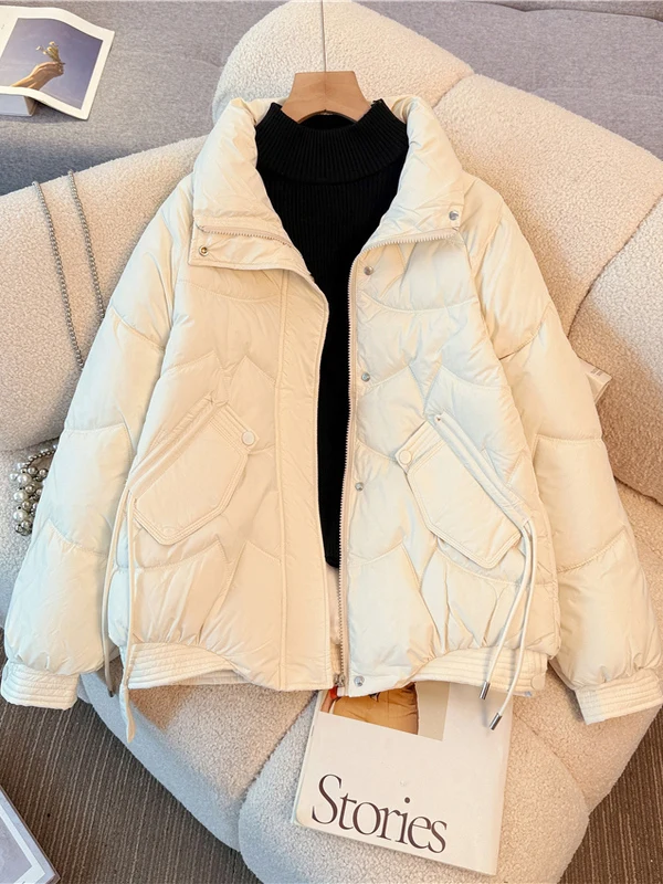 

Женское корейское пальто больших размеров, зимнее модное свободное пальто, теплое хлопковое пальто с воротником-стойкой, длинное свечение на молнии