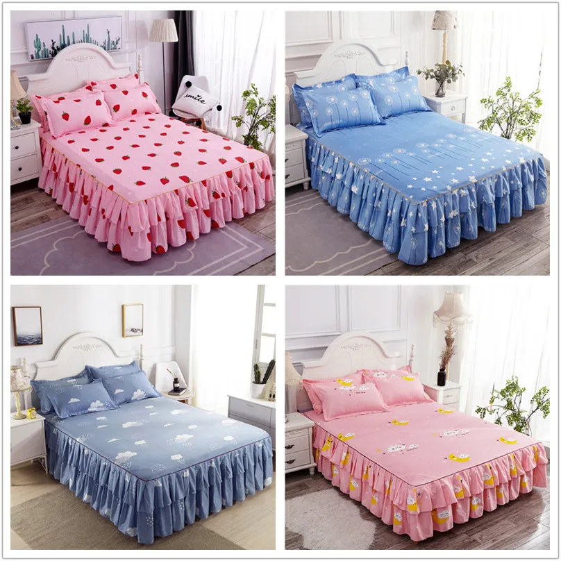 Falda de cama de encaje doble, funda de cama con estampado de plantas queen, falda de sábana individual/Queen/King Size (funda de almohada necesita pedido)