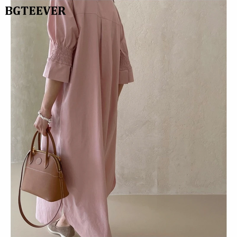 BGTEEVER Casual Lapel Single-breasted Women Shirt Dress Half Sleeve Loose Straight Female Long Dress vestidos