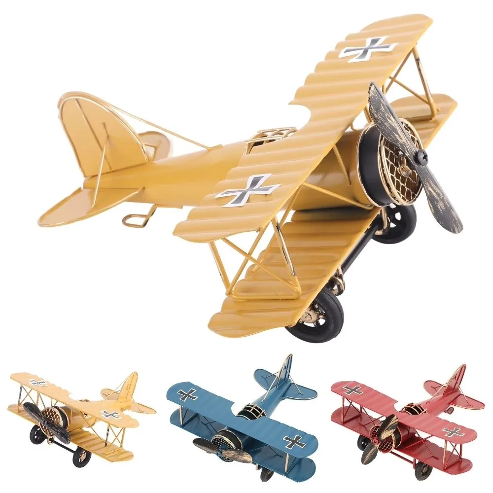 Vintage Airplane Model Ornament Metal Construction Handicraft Design Vintage Biplane Decoration Wrought Iron