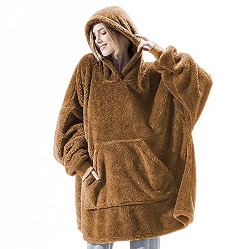 

New Winter Double-faced Fleece Hoodie Blanket Oversize Large Pocket Warm Couple Loose Sweatshirts Women And Men Robe loungewear