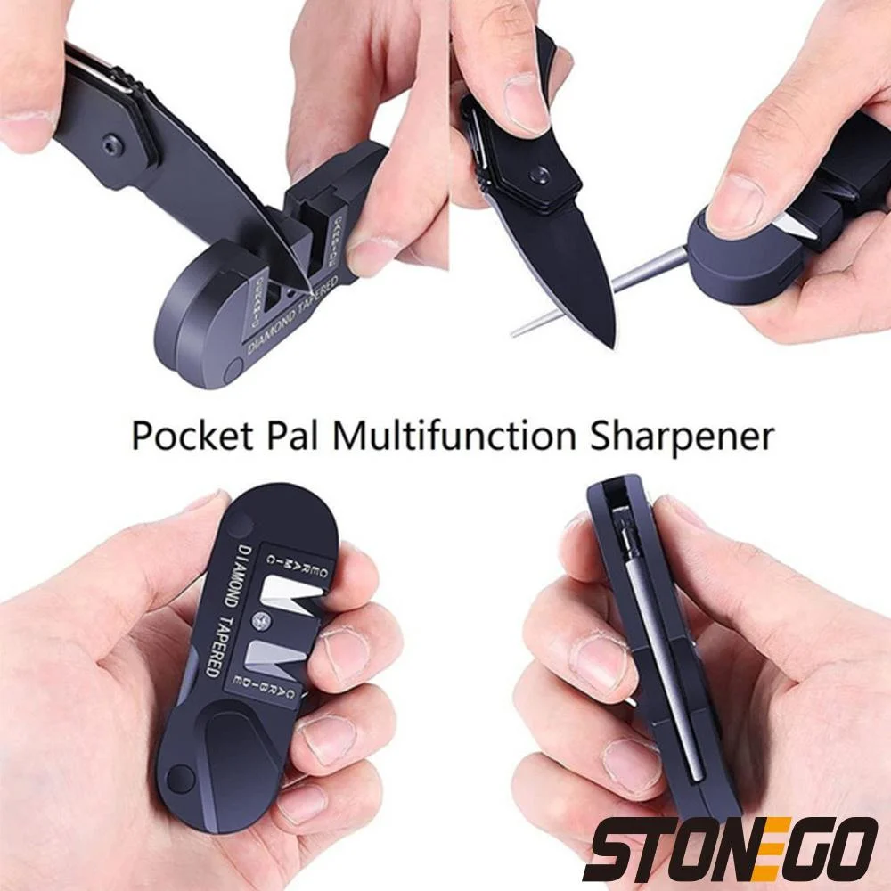 STONEGO Multifunction Pocket Knife Sharpener 4 In 1 Foldable Sharpening Stone with 3 Stages Ceramic & Carbide & Diamond Tapered