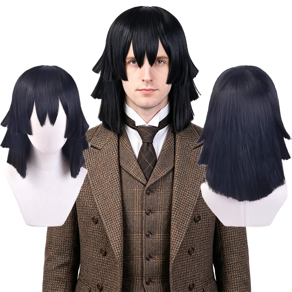 Iguro Obanai Cosplay Wig 40cm Serpent Hashira Black Layered Unisex Anime Heat Resistant Synthetic Wig For Party Daily Use