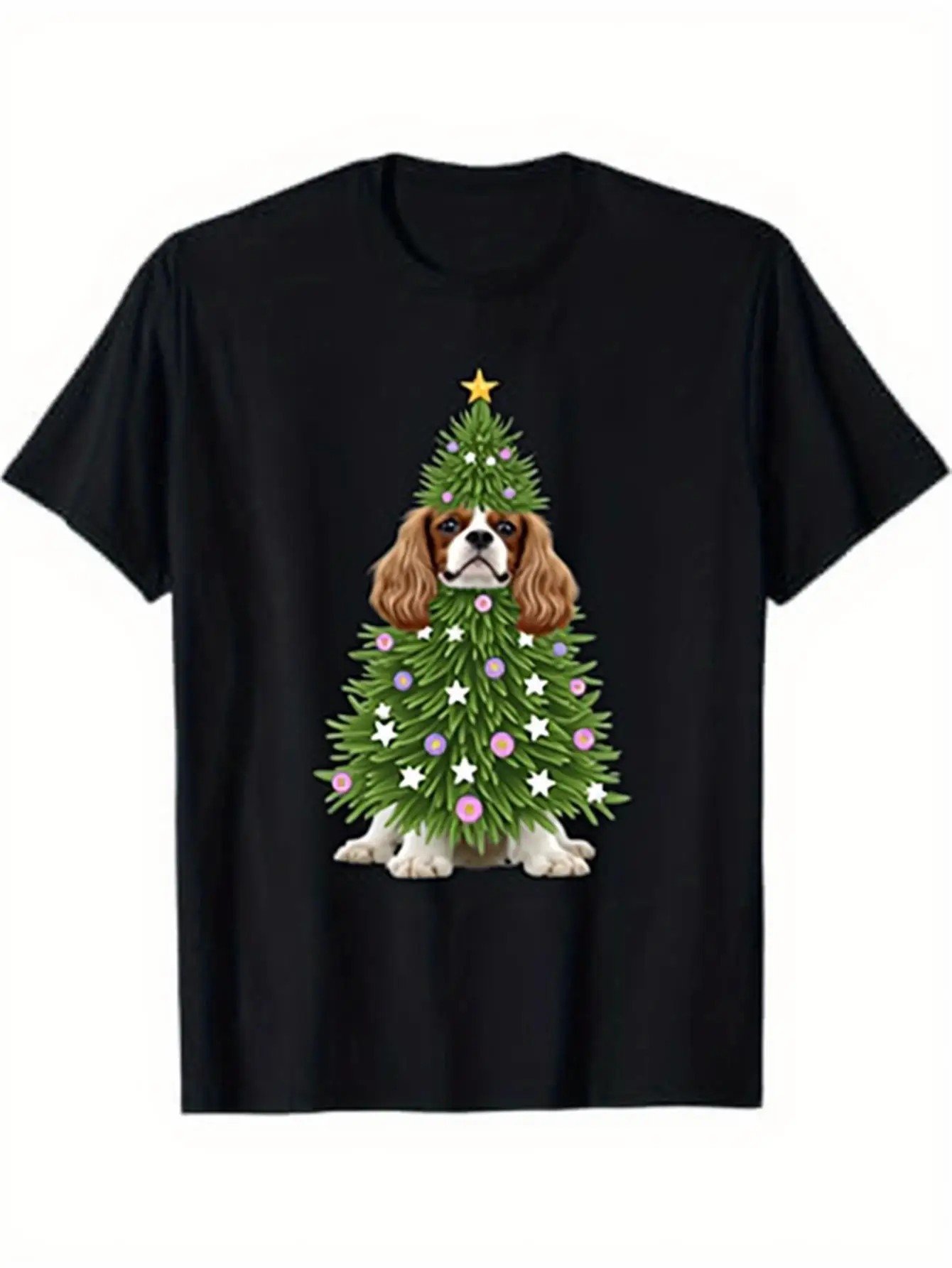 Funny Men's Black Graphic T-Shirt Cavalier King Charles Spaniel Christmas Tree Star Ornament Holiday Dog Illustration 100% Cotton Heavyweight Short Sleeve Casual Streetwear Tee