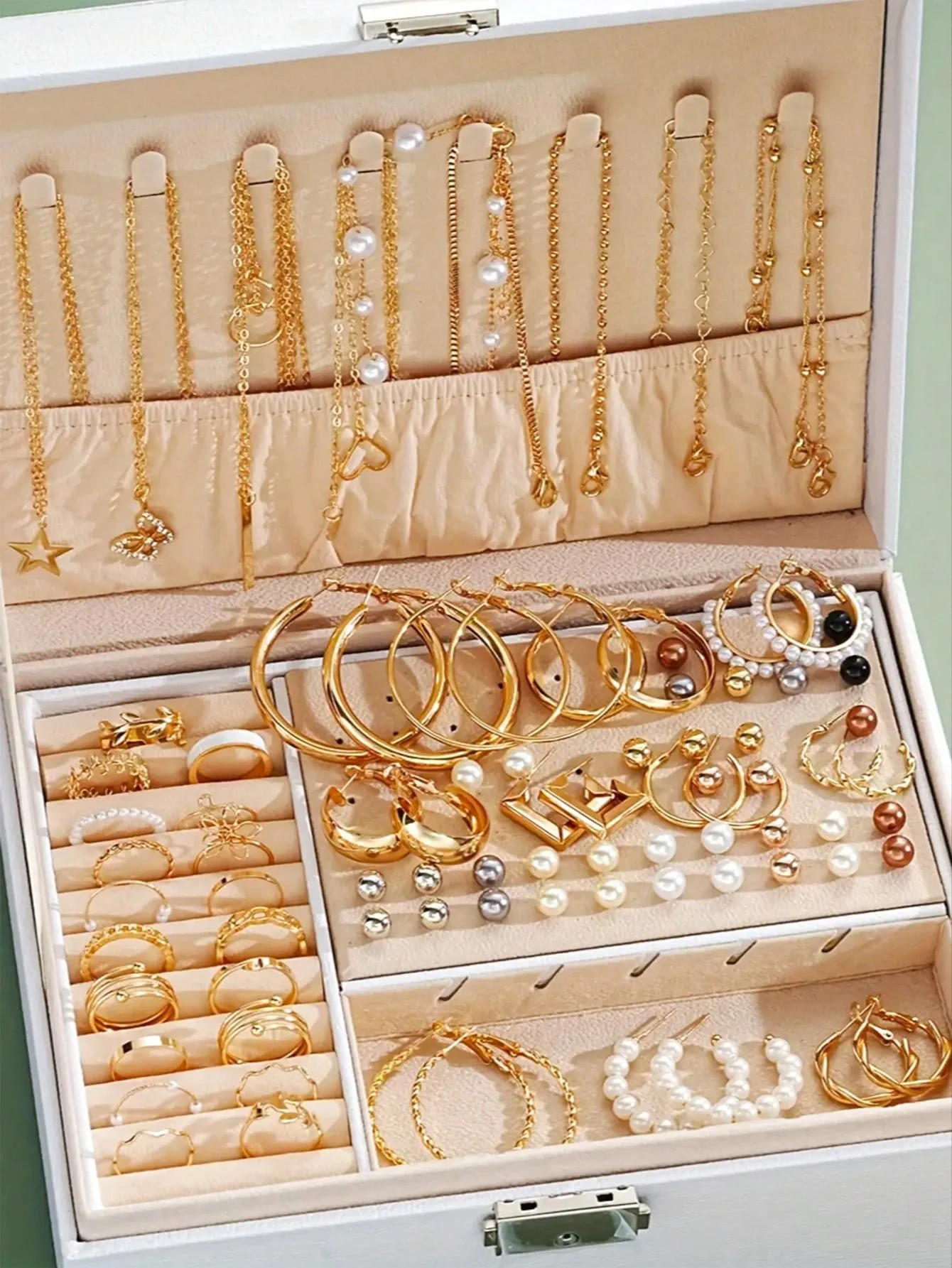 

86Pcs 4 In 1 Pearl Jewelry Set Multi Layer Necklace Stud Earrings Rings Women Daily Accessories No Box