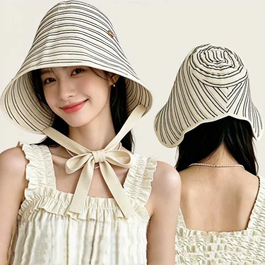 Practical and Stylish! Japanese-Style Striped Uv Protection Sun Hat, Comes with a Windproof Strap, Foldable for Storage, Versatile and Suitable for Everyone, Perfect for Commuting / Beach / Travel