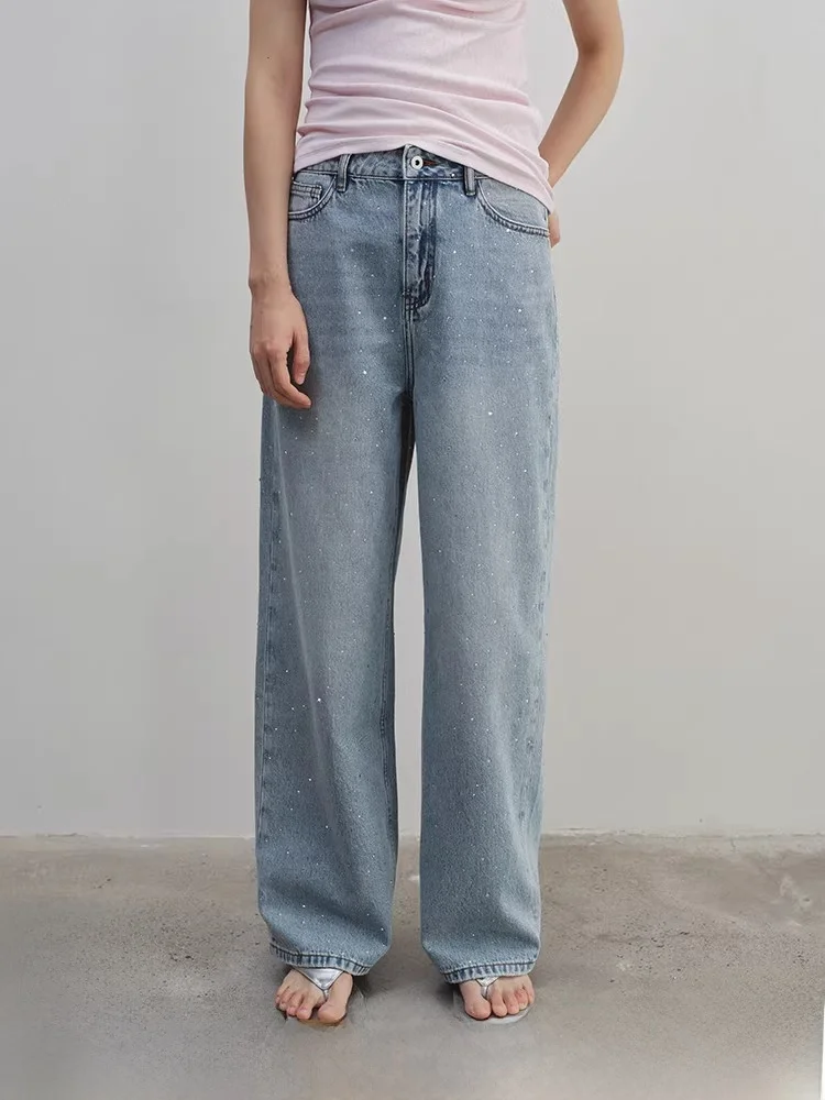 

Retro Washed Rhinestone mid High Waist Jeans Loose Casual Full Cotton Wide Leg Straight Long Pants Women's Summer Denim Jeans