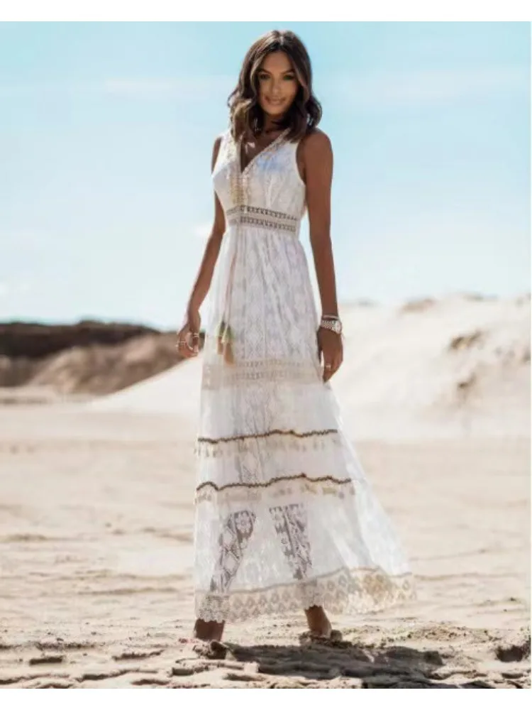 Boho Dress Lace Hollow Out Vintage Floor Length Frock Sexy Backless Solid Long Skirt Summer V-neck Vacation Outfits Sundress