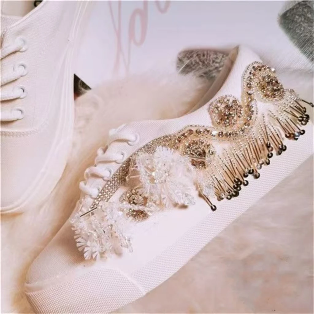 Custom custom lace-up rhinestones beaded sequins low top canvas shoes Heavy industry white casual sports women's shoes 35-39