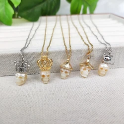 Skull Necklace Hand Engraving Freshwater Pearl with a Crown Witchy Hat Gothic Jewelry for Women Wedding Gift