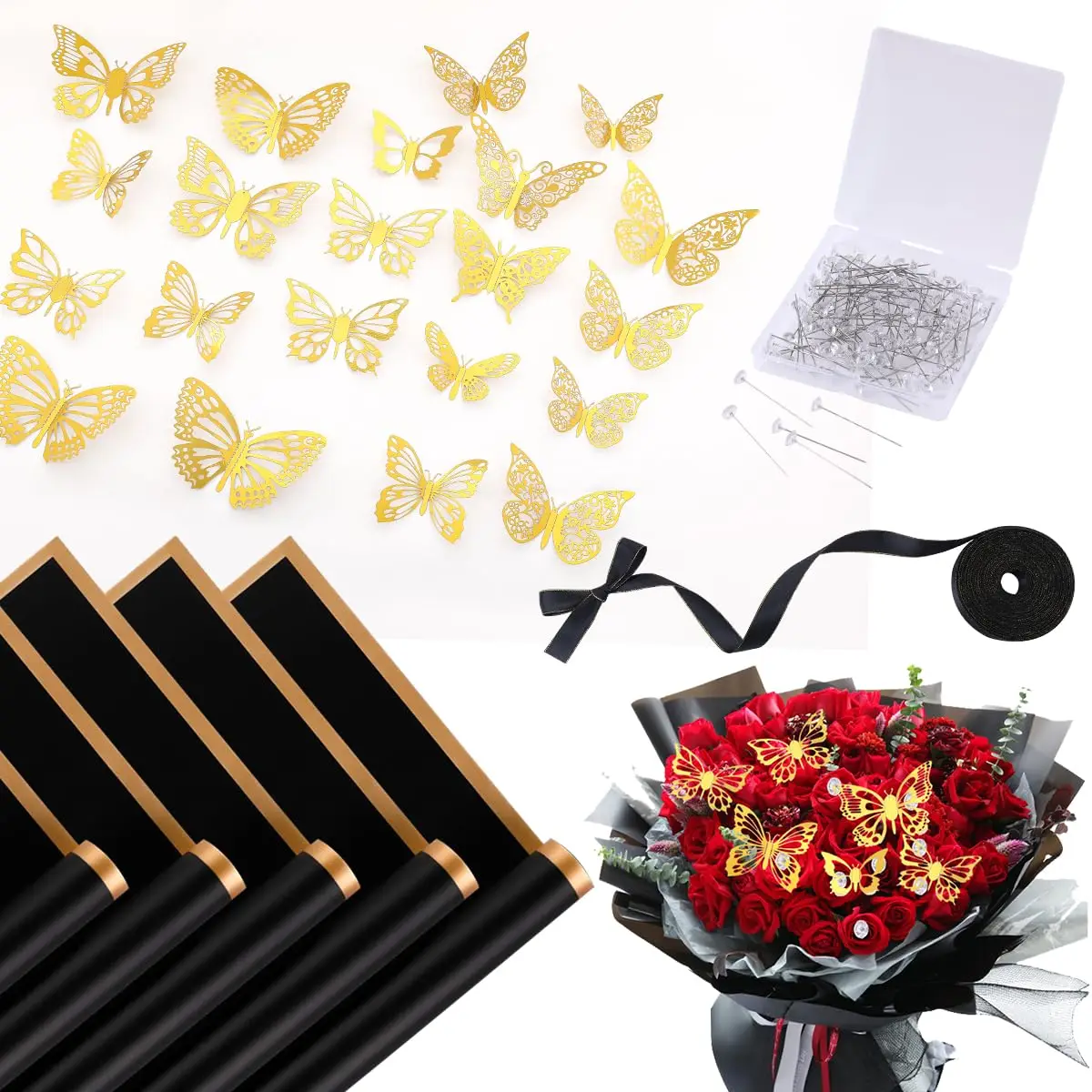 20 Sheets Flower Wrapping Paper with Ribbon Waterproof Florist Bouquet Gold Butterfly Pearl Pins for DIY Craft Packaging Bouquet