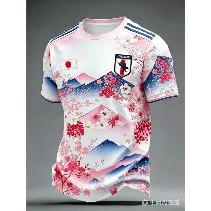 Cherry Blossom 3D Print Short‑sleeve Soccer Sports T‑shirtBreathable & Quick‑dry, Family Casual Apparel, Ideal for Football Fans