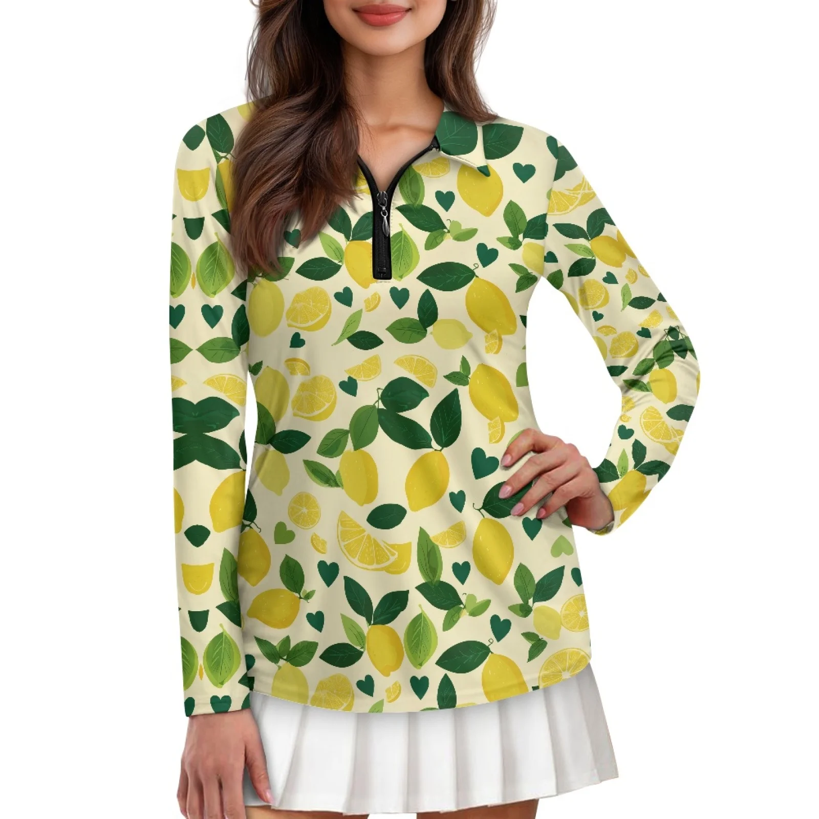 PENSTROLL Lemon Leaves Pattern Womens Soft Golf Tops Breathable Polos Shirts for Women for Cycling